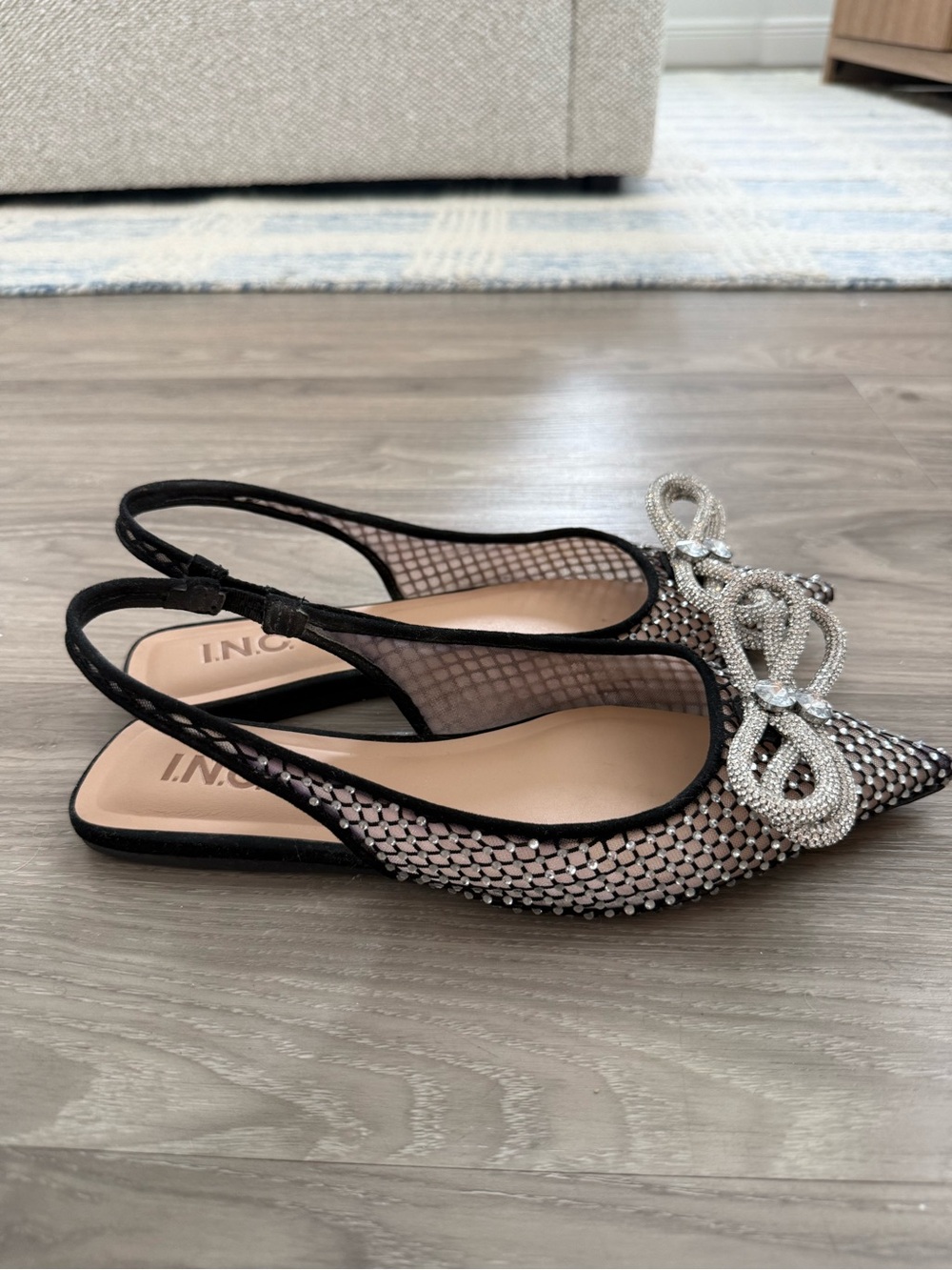 INC International Concepts Black Mesh Slingback Flats with Rhinestone Bow